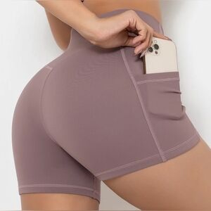 Workout Spandex High Crossover Waist Gym Shorts + Pockets - Sise L